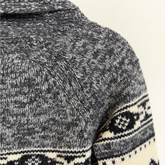 TNA Lambswool Fair Isle Zip Cardigan Sweater Ram Motif Grey Cream Size Small - Picture 12 of 16